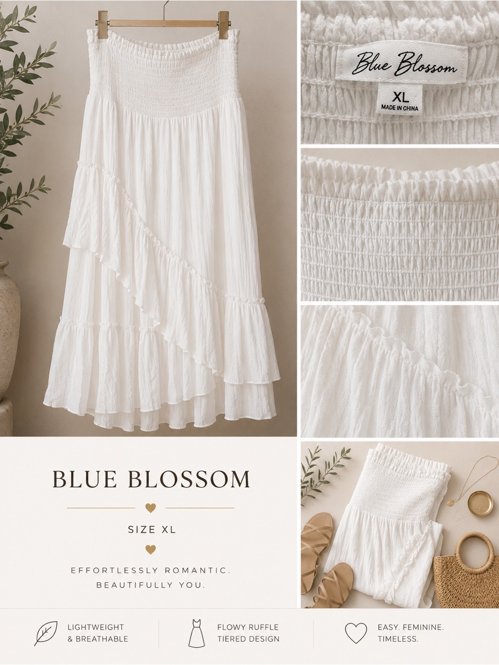 White Smocked Tiered Ruffle Maxi Dress